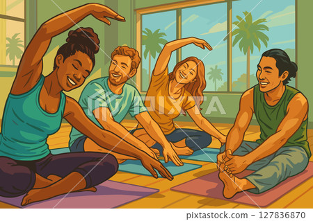 Diverse Yoga Group Stretching Together in a Calm, Joyful Space 127836870