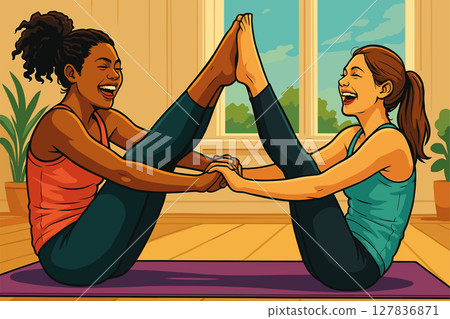 Friends Sharing Laughter During Joyful Partner Yoga Session 127836871