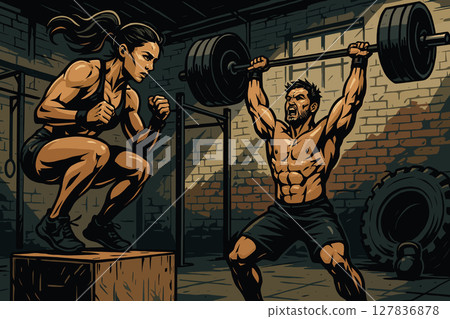 Intense CrossFit Duo Training in Industrial Gym Setting Intense CrossFit Duo Training in Industrial Gym Setting 127836878