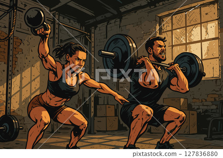 Intense CrossFit Duo Training in Industrial Gym Setting 127836880
