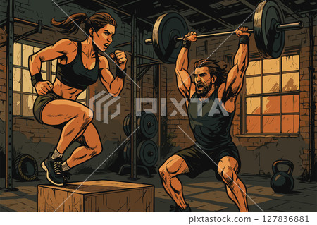 Intense CrossFit Duo Training in Industrial Gym Setting 127836881