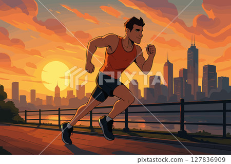 Runner Sprinting Through City Streets at Sunrise 127836909