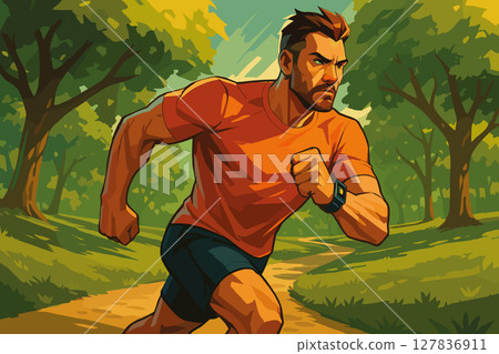 Focused Male Runner Training with Tracker in Scenic Park 127836911