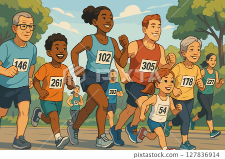 Community Runners of All Ages Competing in Friendly Outdoor Race 127836914