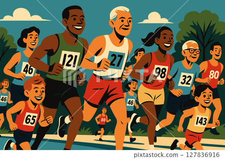 Community Runners of All Ages Competing in Friendly Outdoor Race 127836916