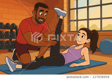 Personal Trainer Assisting Clients with Safe Hamstring Stretches on Mats 127836938