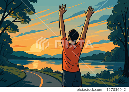 Person Stretching at Sunrise Near Water Before Peaceful Morning Jog Person Stretching at Sunrise Near Water Before Peaceful Morning Jog 127836942