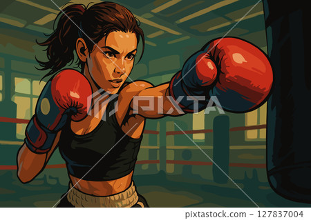 Focused Female Boxer Throwing Punches During Intense Sparring Session 127837004
