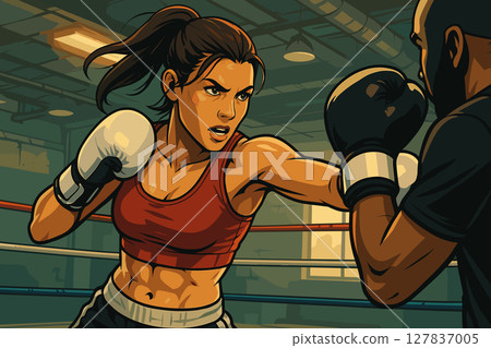 Focused Female Boxer Throwing Punches During Intense Sparring Session 127837005