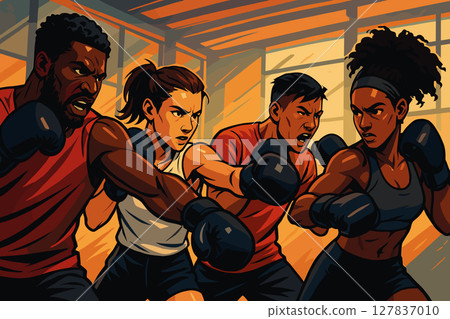 Diverse Group Training Boxing Techniques with Focus and Energy 127837010