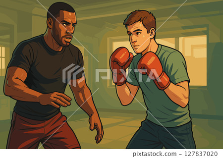 Boxing Coach Teaching Footwork and Stance to Beginner Athlete 127837020