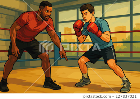 Boxing Coach Teaching Footwork and Stance to Beginner Athlete 127837021