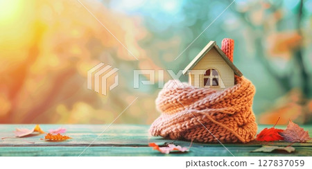 A small model house wrapped in a colorful knitted scarf. autumn blurred background, horizontal banner, copy space, free space for text A small model house wrapped in a colorful knitted scarf. autumn blurred background, horizontal banner, copy space, free space for text 127837059
