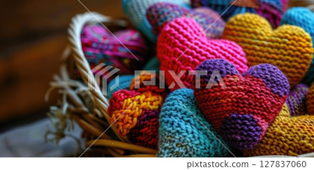 Rustic woven basket overflowing with vibrant handmade knitted hearts in various sizes and yarn textures 127837060