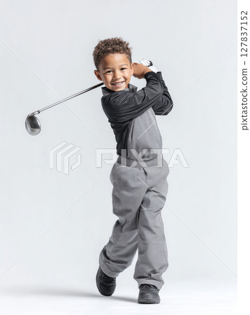 Middle Eastern boy joyfully swings golf club while practicing on a sunny day 127837152