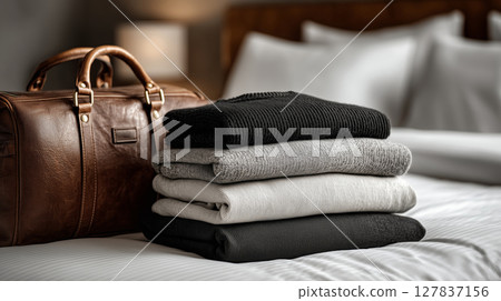 Capsule wardrobe displayed elegantly on a hotel bed during a cozy stay 127837156