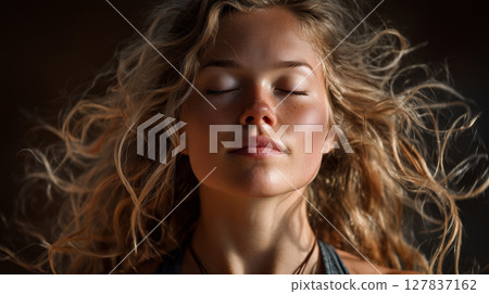 Breathe deeply in slow-motion during yoga exhale at serene location Breathe deeply in slow-motion during yoga exhale at serene location 127837162