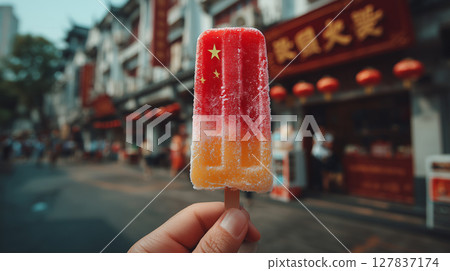 Enjoying a bright popsicle with the China flag on a sunny day 127837174