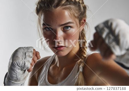 Slim teenage female boxer displaying focus while training in the gym 127837188