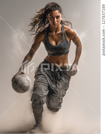 Strong Hispanic female soccer defender showcasing skills in dynamic pose 127837189