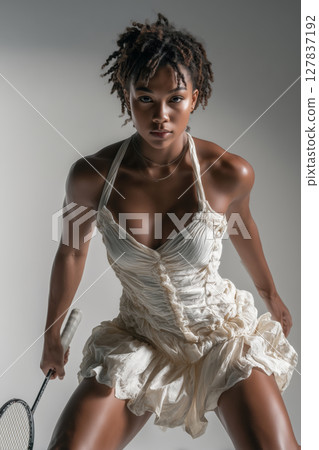 Teenage girl showcases athleticism while lunging for a backhand shot 127837192