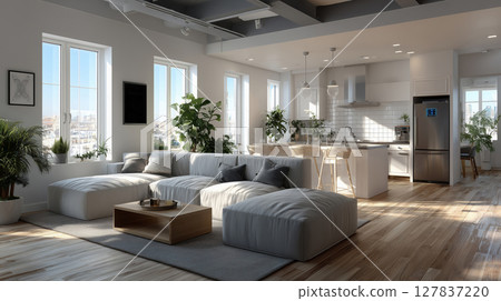 Smart home with automated cleaning system in a modern living space Smart home with automated cleaning system in a modern living space 127837220