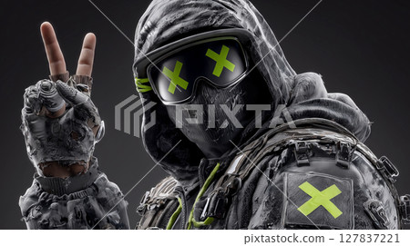 Mysterious male character in urban garb signals peace amidst chaos Mysterious male character in urban garb signals peace amidst chaos 127837221