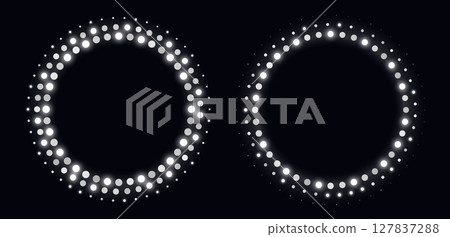 Silver halftone frames, glowing circle borders, round pattern with dots, radial disco luxury design element. 127837288