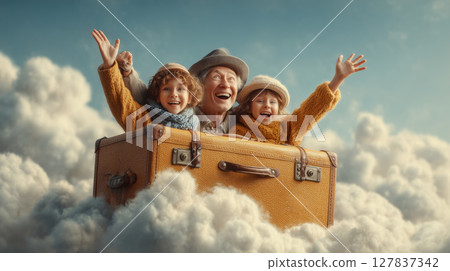 Joyful adventure of a family soaring among the clouds in a suitcase 127837342