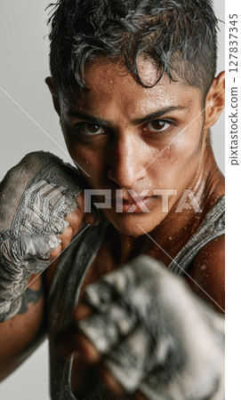 Dynamic non-binary boxer showcasing skill in an intense training moment Dynamic non-binary boxer showcasing skill in an intense training moment 127837345