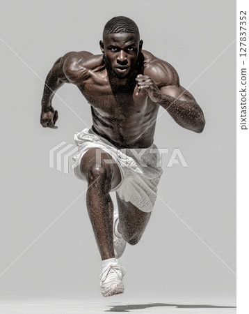 Muscular East African male runner pushing limits in dynamic sprint 127837352