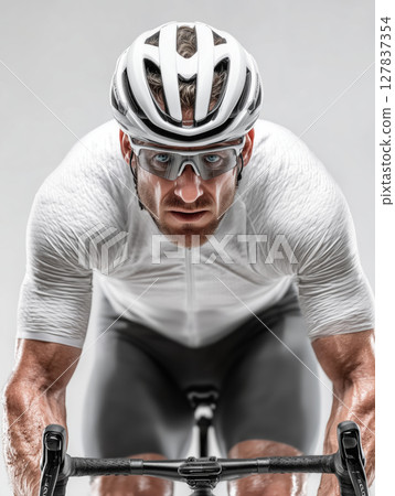 Muscular cyclist sprints with determination in a dynamic cycling setting 127837354