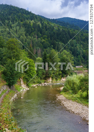 Mountain river winding through green forested hills in the Carpathians under a cloudy summer sky Mountain river winding through green forested hills in the Carpathians under a cloudy summer sky 127837594