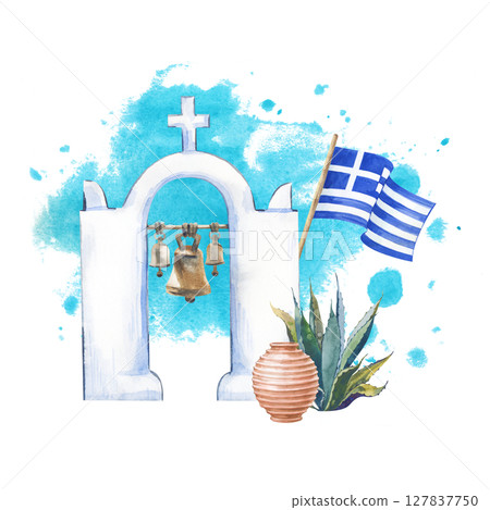 Watercolor composition with a Greek white stone bell tower, a Greek flag, a beautiful clay pot and a large aloe vera on the background of a watercolor turquoise spot. The illustration is isolated on a 127837750