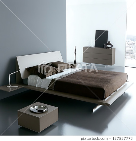 A bedroom with a bed, nightstand, and dresser 127837773