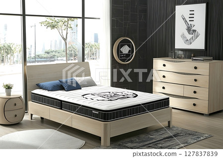 A bedroom with a wooden bed, dresser, and nightstand 127837839