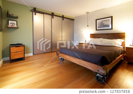 A bedroom with a wooden bed and a wooden nightstand A bedroom with a wooden bed and a wooden nightstand 127837858