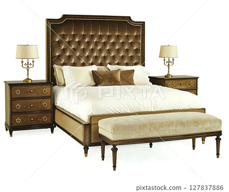 A bed with a brown headboard and a white pillow 127837886
