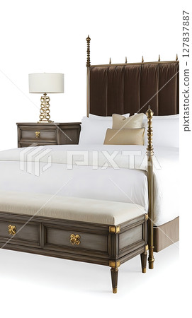 A bed with a wooden headboard and a white pillow A bed with a wooden headboard and a white pillow 127837887