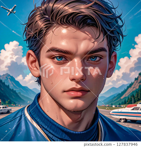 Portrait of a young guy. A cute blue-eyed guy with a tousled hairdo against the blue sky. 127837946