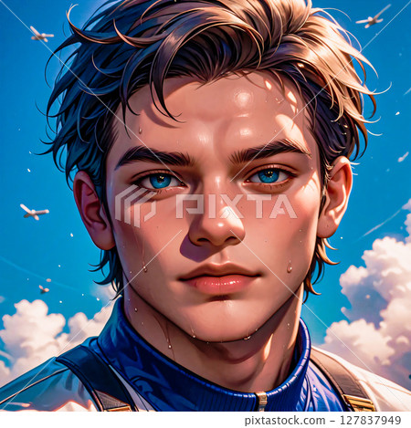 Portrait of a young guy. A cute blue-eyed guy with a tousled hairdo against the blue sky. 127837949