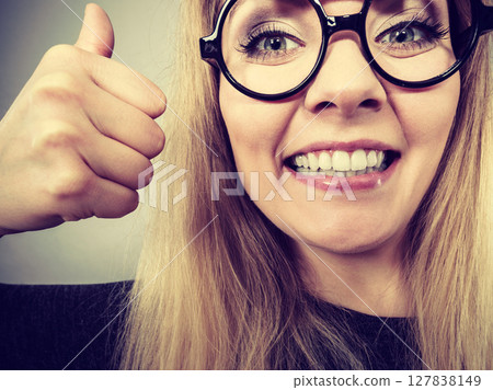 Closeup woman happy face with eyeglasses Closeup woman happy face with eyeglasses 127838149