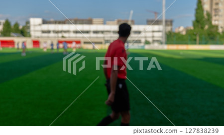 Referee officiating a football match on a sunny day 127838239