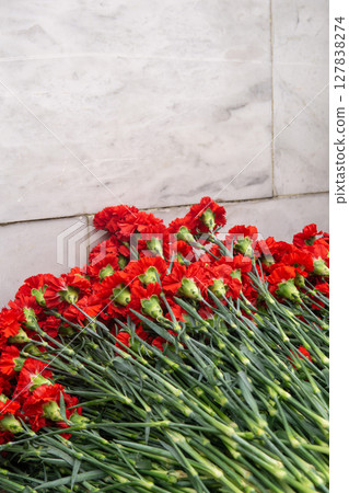 Red carnation flowers in a bouquet on a white marble wall background Red carnation flowers in a bouquet on a white marble wall background 127838274