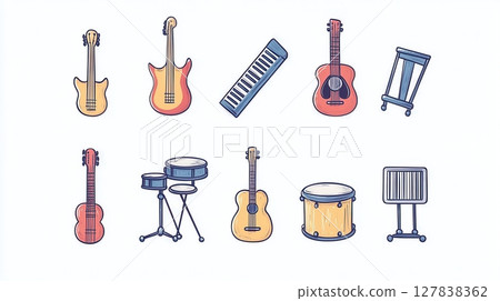 Hand Drawn Musical Instruments Set Vector Illustration Design Graphic art bass band icon drums retro 127838362