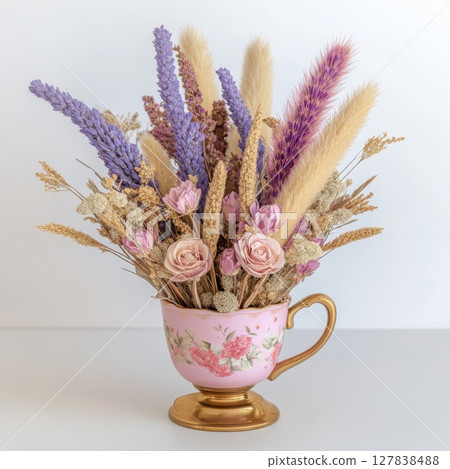 Dried Flower Arrangement Pastel Roses Lavender Bouquet Elegant Home Decor cup tea art pink gift life 127838488