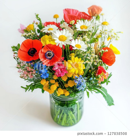 Vibrant Summer Wildflower Bouquet Colorful Floral Arrangement Nature Photography Jar red blue life Vibrant Summer Wildflower Bouquet Colorful Floral Arrangement Nature Photography Jar red blue life 127838508