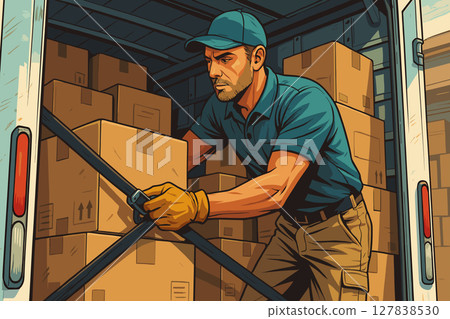 Delivery driver securing packages inside a freight truck 127838530