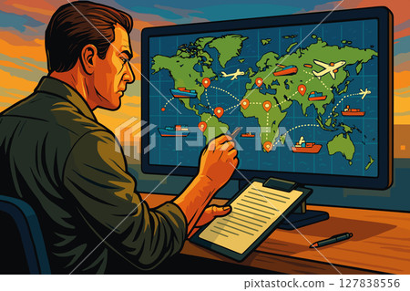 Logistics manager tracking global freight shipments on digital map 127838556