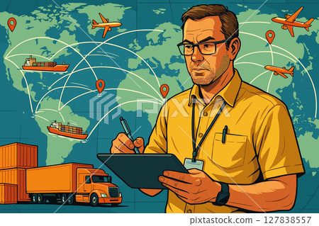 Logistics manager tracking global freight shipments on digital map 127838557